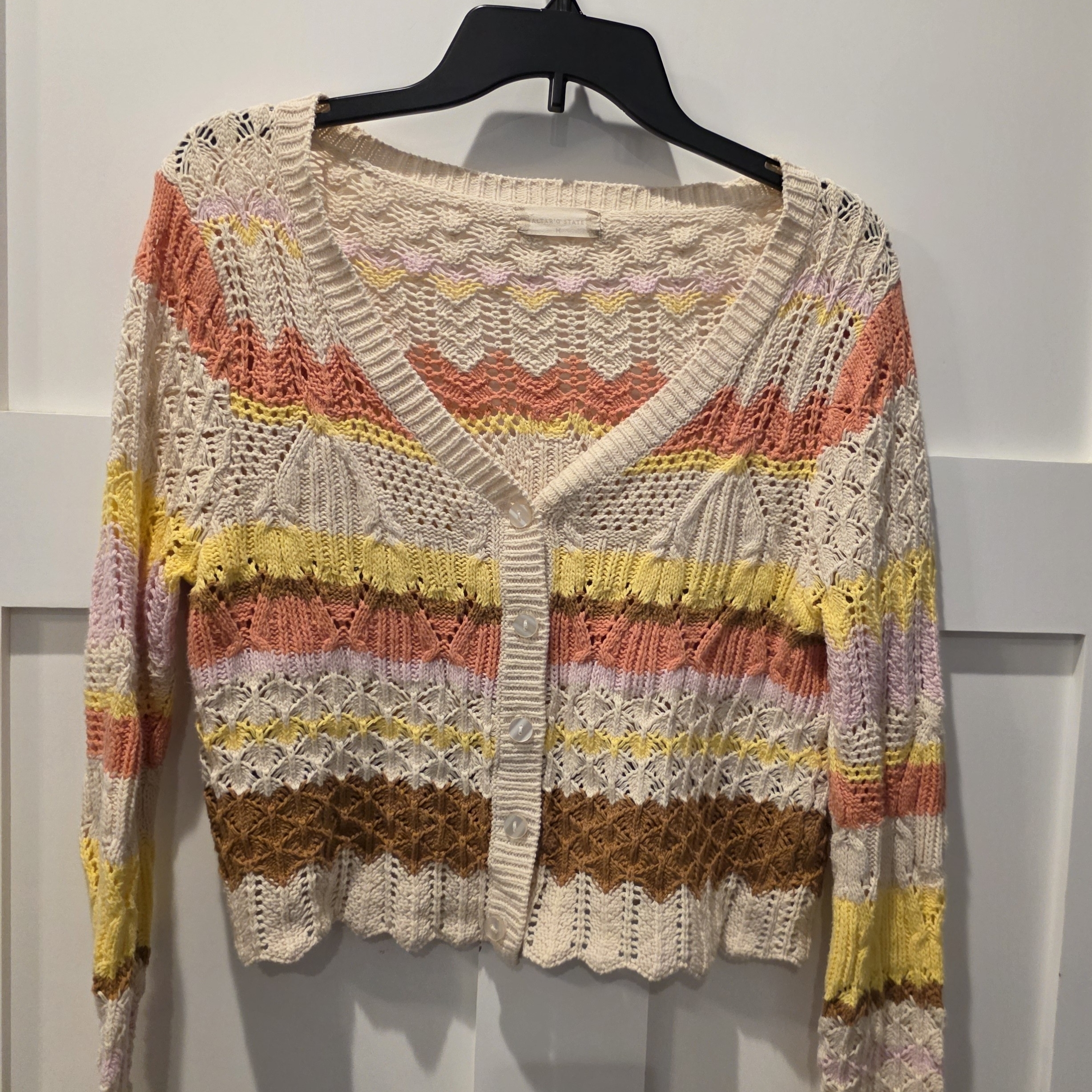 Altar'd State Women's Cardigan Pastel Crochet Open Stitch Cottagecore Grannycore